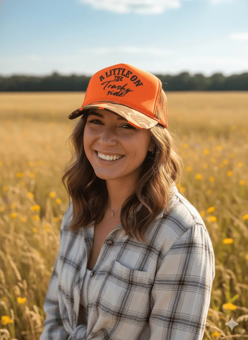 A Little On The Trashy Side Orange Camo Trucker Hat Wild Junkie